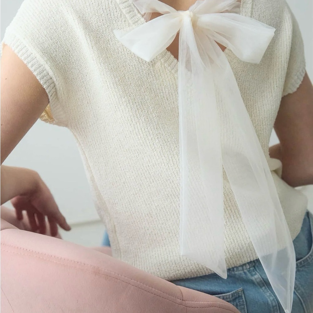 BACK SHEER TIE SHORT SLEEVE KNIT SWEATER - Picture 2 of 5